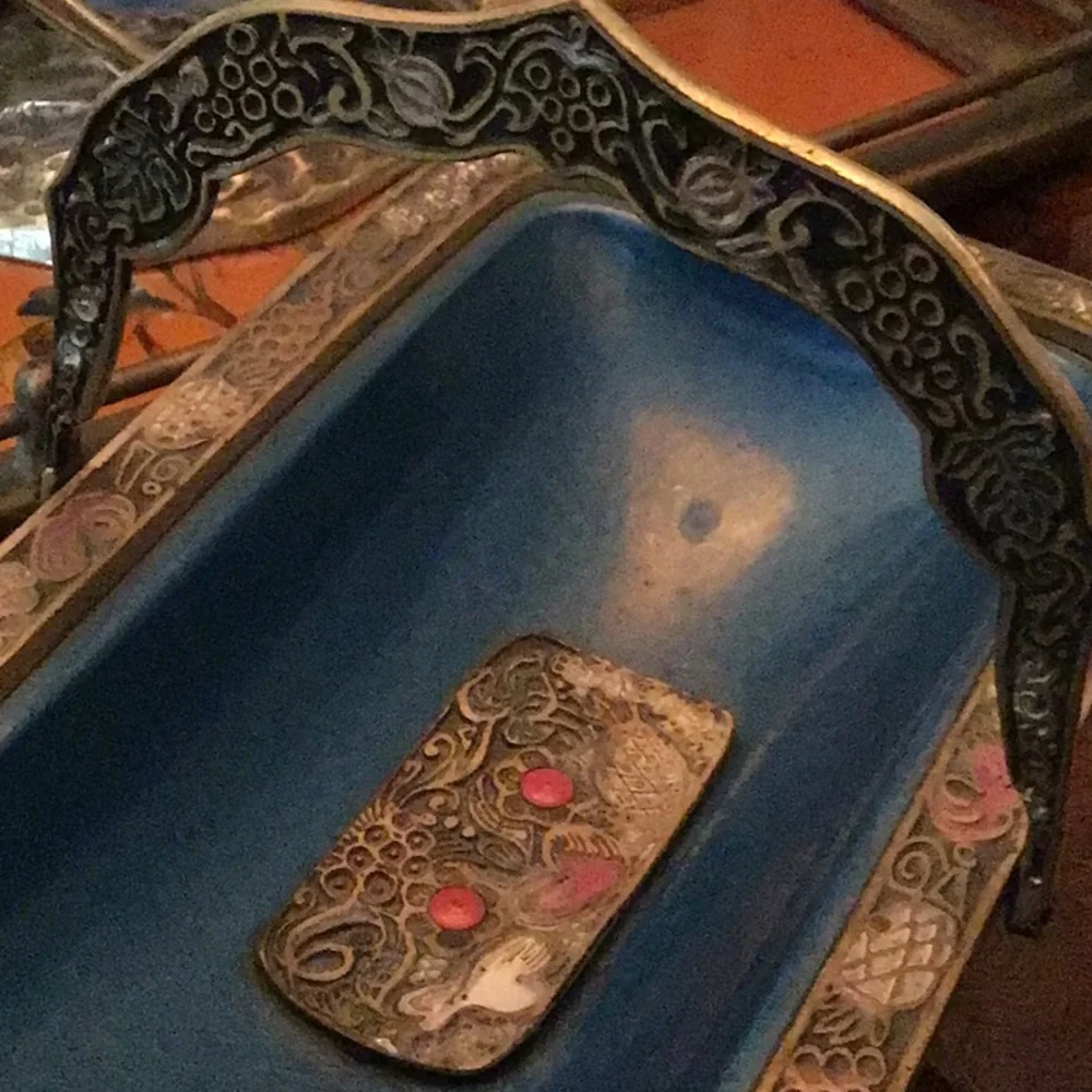Vintage Brass Blue Enamel Handled Bowl Tray Candy Keys Dish Israel Judaic